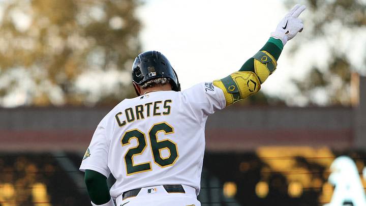 Aug 25, 2026; West Sacramento, California, USA;  Athletics left fielder Carlos Cortes (26) reacts after hitting a two-run home run against the Minnesota Twins during the second inning at Sutter Health Park.  Mandatory Credit: Dennis Lee-Imagn Images