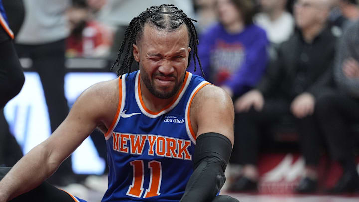 Mar 3, 2026; Toronto, Ontario, CAN; New York Knicks guard Jalen Brunson (11) reacts after getting poked in the eye during a collision with a Toronto Raptors player during the second half at Scotiabank Arena. Mandatory Credit: John E. Sokolowski-Imagn Images
