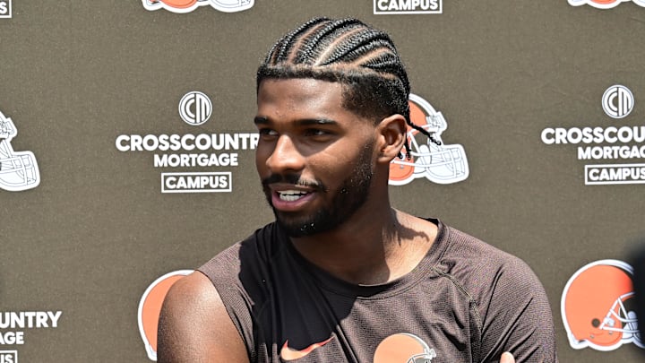 Jun 10, 2025; Berea, OH, USA; Cleveland Browns quarterback Shedeur Sanders (12) talks to the media during minicamp at CrossCountry Mortgage Campus. Mandatory Credit: Ken Blaze-Imagn Images