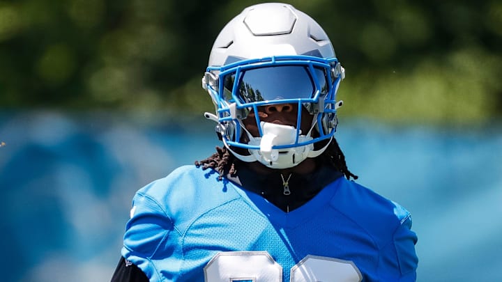 Former Detroit Lions running back Jermar Jefferson (28) practices during OTAs at Detroit Lions headquarters and training facility in Allen Park on Thursday, May 30, 2024.