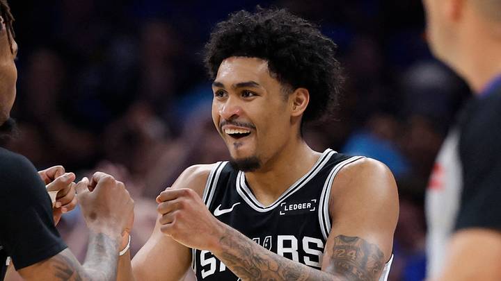 May 30, 2026; Oklahoma City, Oklahoma, USA; San Antonio Spurs guard Stephon Castle (5) and guard Dylan Harper (2) react in the fourth quarter against the Oklahoma City Thunder during game seven of the western conference finals for the 2026 NBA playoffs at Paycom Center. Mandatory Credit: Alonzo Adams-Imagn Images