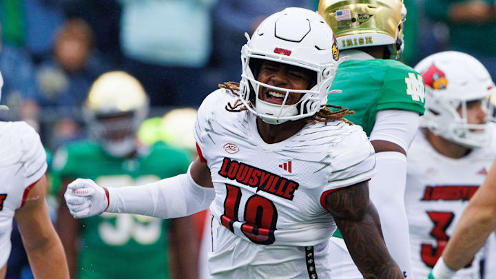 Louisville defensive back Benjamin Perry (10) celebrates a turnover during a NCAA college football game between Notre Dame and Louisville at Notre Dame Stadium on Saturday, Sept. 28, 2024, in South Bend. Louisville defensive back Benjamin Perry (10) celebrates a turnover during a NCAA college football game between Notre Dame and Louisville at Notre Dame Stadium on Saturday, Sept. 28, 2024, in South Bend.