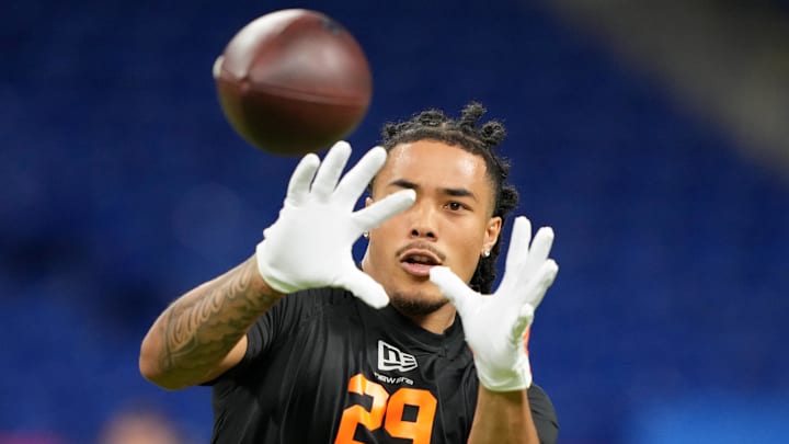 Feb 28, 2026; Indianapolis, IN, USA; Southern California wideout Makai Lemon (WO29) during the NFL Scouting Combine at Lucas Oil Stadium. 