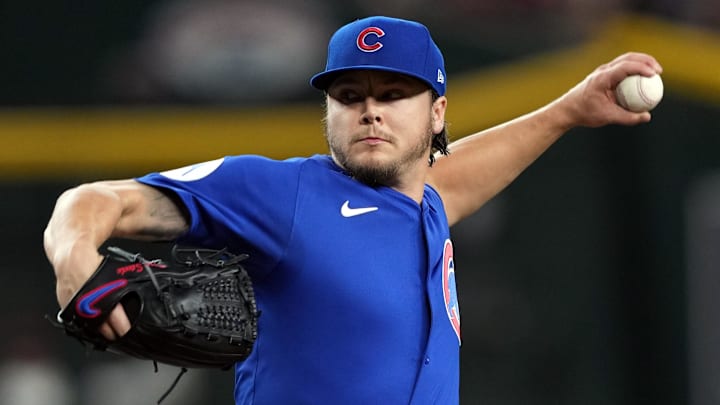 Mar 27, 2025; Phoenix, Arizona, USA; Chicago Cubs pitcher Justin Steele (35) pitches against the Arizona Diamondbacks during the first inning at Chase Field.