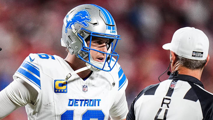 Detroit Lions quarterback Jared Goff (16) talks to referees regarding a call during the first half against Kansas City Chiefs Detroit Lions quarterback Jared Goff (16) talks to referees regarding a call during the first half against Kansas City Chiefs