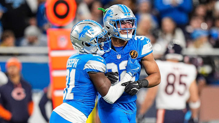 Detroit Lions safety Kerby Joseph (31), left, and safety Brian Branch (32). Detroit Lions safety Kerby Joseph (31), left, and safety Brian Branch (32).