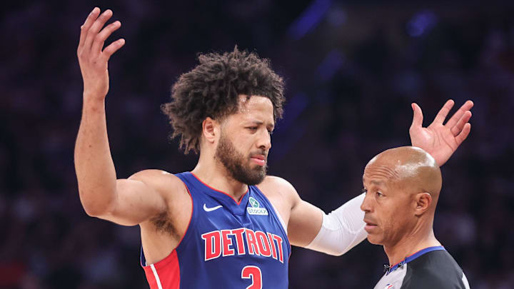Apr 29, 2025; New York, New York, USA; Detroit Pistons guard Cade Cunningham (2) during game five of first round for the 2025 NBA Playoffs at Madison Square Garden. Mandatory Credit: Wendell Cruz-Imagn Images
