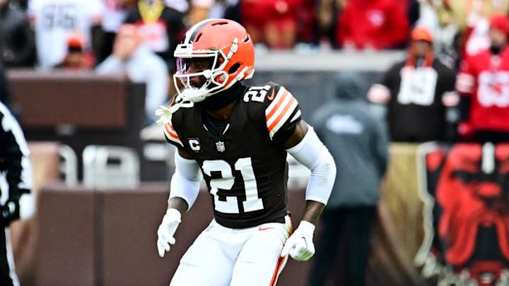 Nov 30, 2025; Cleveland, Ohio, USA;  Cleveland Browns cornerback Denzel Ward (21) looks on during the game against San Francisco 49ers at Huntington Bank Field. Mandatory Credit: Ken Blaze-Imagn Images