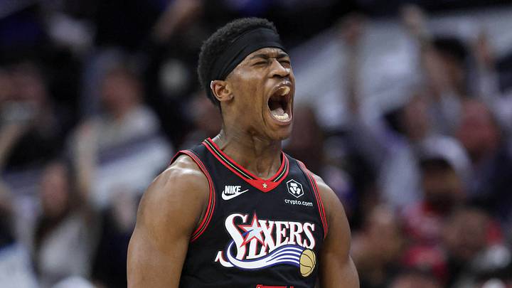 Mar 23, 2026; Philadelphia, Pennsylvania, USA; Philadelphia 76ers guard Vj Edgecombe (77) reacts after his three pointer against the Oklahoma City Thunder during the fourth quarter at Xfinity Mobile Arena. Mandatory Credit: Bill Streicher-Imagn Images Mar 23, 2026; Philadelphia, Pennsylvania, USA; Philadelphia 76ers guard Vj Edgecombe (77) reacts after his three pointer against the Oklahoma City Thunder during the fourth quarter at Xfinity Mobile Arena. Mandatory Credit: Bill Streicher-Imagn Images