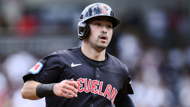 Aug 22, 2024; Bronx, New York, USA; Cleveland Guardians outfielder Steven Kwan (38) runs to third base after an errant throw to second base on a steal against the New York Yankees during the first inning at Yankee Stadium. Mandatory Credit: John Jones-Imagn Images