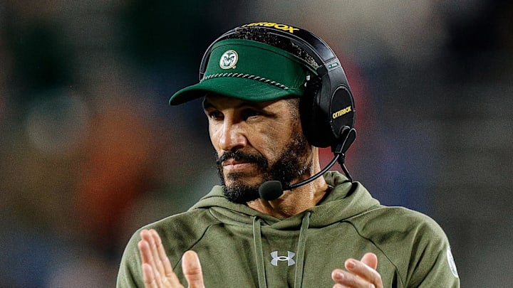 Oct 10, 2025; Fort Collins, Colorado, USA; Colorado State Rams head coach Jay Norvell in the second quarter against the Fresno State Bulldogs at Sonny Lubick Field at Canvas Stadium. Mandatory Credit: Isaiah J. Downing-Imagn Images