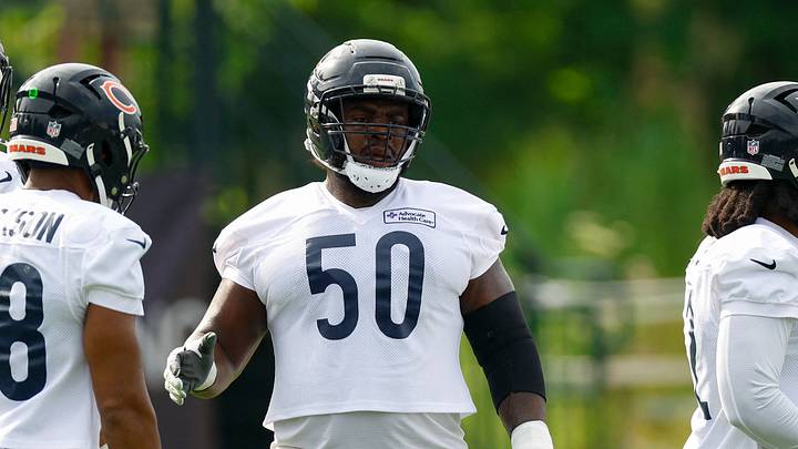 Jul 31, 2026; Lake Forest, IL, USA; Chicago Bears defensive end Grady Jarrett (50) talks to his teammates during Training Camp at Halas Hall. Mandatory Credit: Kamil Krzaczynski-Imagn Images