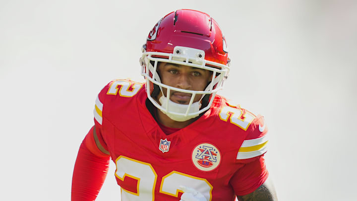 Sep 28, 2025; Kansas City, Missouri, USA; Kansas City Chiefs cornerback Trent McDuffie (22) takes the field prior to a game against the Baltimore Ravens at GEHA Field at Arrowhead Stadium. Mandatory Credit: Jay Biggerstaff-Imagn Images