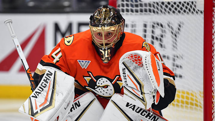 Dec 29, 2025; Anaheim, California, USA; Anaheim Ducks goaltender Petr Mrazek (34) defends the goal against the San Jose Sharks during the third period at Honda Center. Mandatory Credit: Gary A. Vasquez-Imagn Images Dec 29, 2025; Anaheim, California, USA; Anaheim Ducks goaltender Petr Mrazek (34) defends the goal against the San Jose Sharks during the third period at Honda Center. Mandatory Credit: Gary A. Vasquez-Imagn Images