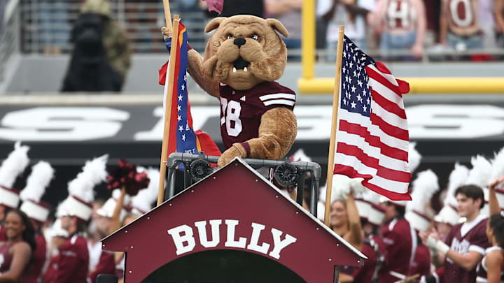 Mississippi State Bulldogs mascot Bully rides onto the field prior to the game against the Texas Longhorns at Davis Wade Stadium at Scott Field. Mississippi State Bulldogs mascot Bully rides onto the field prior to the game against the Texas Longhorns at Davis Wade Stadium at Scott Field.