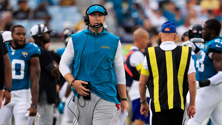 Jacksonville Jaguars head coach Liam Coen walks on the sideline during the first quarter of an NFL preseason matchup at EverBank Stadium, Saturday, Aug. 9, 2025 in Jacksonville, Fla. [Corey Perrine/Florida Times-Union]