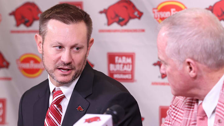 Arkansas Razorbacks coach Ryan Silverfield during his introductory press conference along with athletic director Hunter Yurachek at Frank Broyles Center. Mandatory Credit: Nelson Chenault-Imagn Images Arkansas Razorbacks coach Ryan Silverfield during his introductory press conference along with athletic director Hunter Yurachek at Frank Broyles Center. Mandatory Credit: Nelson Chenault-Imagn Images