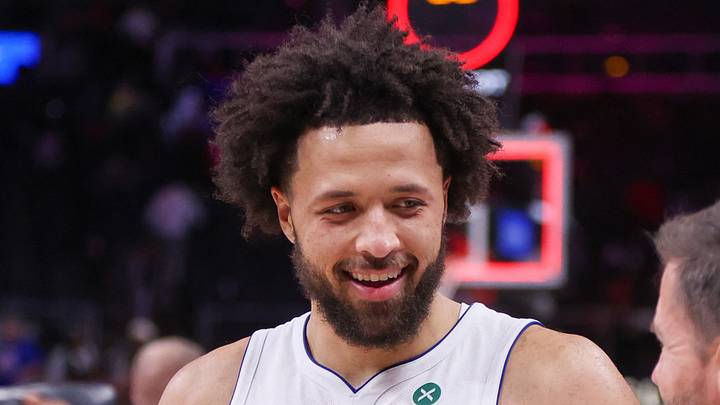 Nov 18, 2025; Atlanta, Georgia, USA; Detroit Pistons guard Cade Cunningham (2) does an interview after a victory over the Atlanta Hawks at State Farm Arena. Mandatory Credit: Brett Davis-Imagn Images