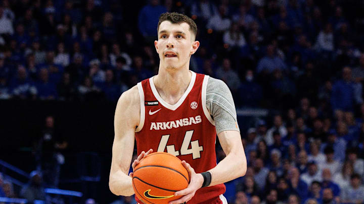 Arkansas Razorbacks forward Zvonimir Ivisic (44) shoots a three-point shot during the first half against the Kentucky Wildcats at Rupp Arena at Central Bank Center.
