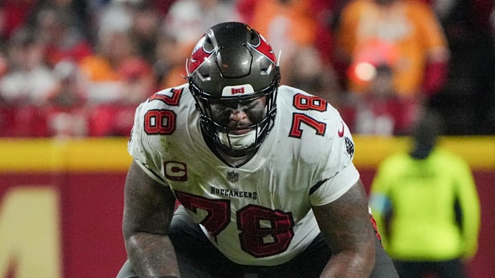 Nov 4, 2024; Kansas City, Missouri, USA; Tampa Bay Buccaneers offensive tackle Tristan Wirfs (78) at the line of scrimmage against the Kansas City Chiefsduring the game at GEHA Field at Arrowhead Stadium. Mandatory Credit: Denny Medley-Imagn Images Nov 4, 2024; Kansas City, Missouri, USA; Tampa Bay Buccaneers offensive tackle Tristan Wirfs (78) at the line of scrimmage against the Kansas City Chiefsduring the game at GEHA Field at Arrowhead Stadium. Mandatory Credit: Denny Medley-Imagn Images