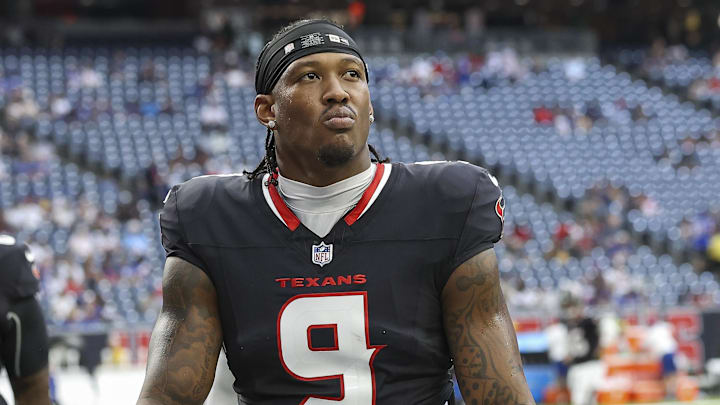 Aug 17, 2024; Houston, Texas, USA; Houston Texans tight end Brevin Jordan (9) before the game against the New York Giants at NRG Stadium. Mandatory Credit: Troy Taormina-Imagn Images