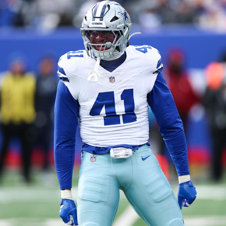 Dallas Cowboys defensive end Donovan Ezeiruaku (41) celebrates after a play during the first quarter