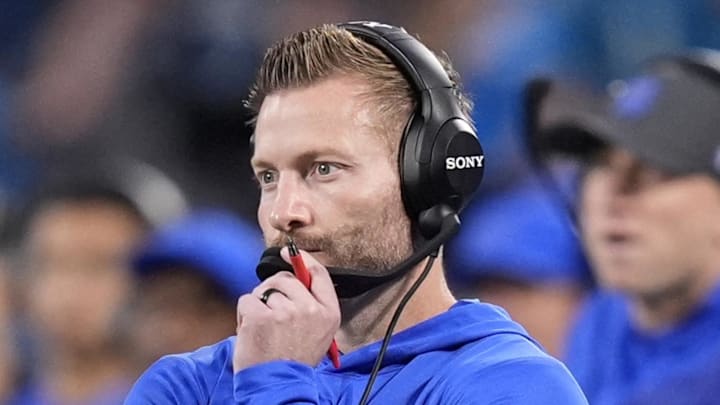 Jan 10, 2026; Charlotte, NC, USA; Los Angeles Rams head coach Sean McVay in the first half during the NFC Wild Card Round game at Bank of America Stadium. Mandatory Credit: Jim Dedmon-Imagn Images