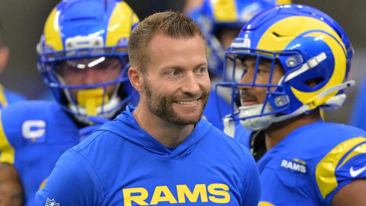 Jan 4, 2026; Inglewood, California, USA;  Los Angeles Rams head coach Sean McVay on the field prior to a game against the Arizona Cardinals at SoFi Stadium. Mandatory Credit: Jayne Kamin-Oncea-Imagn Images