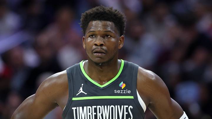Apr 3, 2026; Philadelphia, Pennsylvania, USA; Minnesota Timberwolves guard Anthony Edwards (5) looks on during the first quarter against the Philadelphia 76ers at Xfinity Mobile Arena. Mandatory Credit: Bill Streicher-Imagn Images