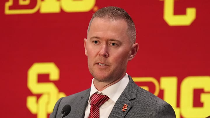 Jul 24, 2025; Las Vegas, NV, USA; USC head coach Lincoln Riley speaks to the media during the Big Ten NCAA college football media days at Mandalay Bay Resort. Mandatory Credit: Lucas Peltier-Imagn Images