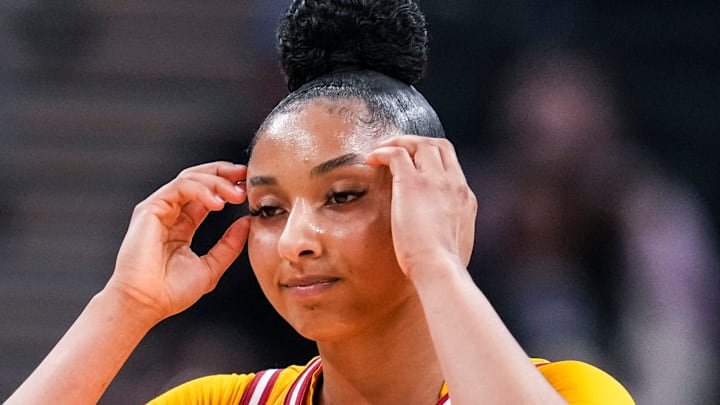 USC Trojans guard JuJu Watkins (12) reacts to the cation Saturday, March 8, 2025, in a semifinals game at the 2025 TIAA Big Ten Women's Basketball Tournament between the Iowa Hawkeyes and the Ohio State Buckeyes at Gainbridge Fieldhouse in Indianapolis.