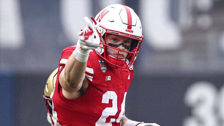 Nebraska Cornhuskers tight end Thomas Fidone II (24) celebrates after a first down during the first half against the Boston College Eagles