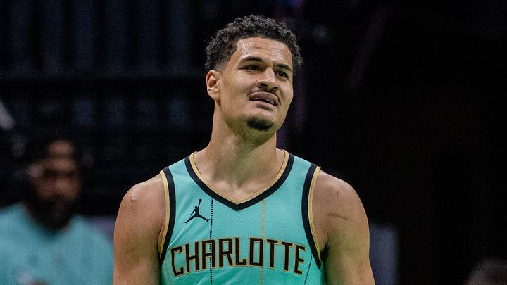 Nov 30, 2024; Charlotte, North Carolina, USA; Charlotte Hornets guard Josh Green (10) reacts after a call during the second quarter against the Atlanta Hawks at Spectrum Center. Mandatory Credit: Scott Kinser-Imagn Images