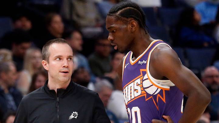 Jan 7, 2026; Memphis, Tennessee, USA; Phoenix Suns head coach Jordan Ott talks with forward Rasheer Fleming (20) during the second quarter against the Memphis Grizzlies at FedExForum. Mandatory Credit: Petre Thomas-Imagn Images Jan 7, 2026; Memphis, Tennessee, USA; Phoenix Suns head coach Jordan Ott talks with forward Rasheer Fleming (20) during the second quarter against the Memphis Grizzlies at FedExForum. Mandatory Credit: Petre Thomas-Imagn Images