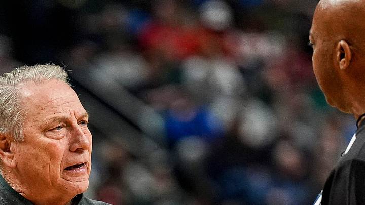 Michigan State head coach Tom Izzo reacts to a call during the first half of NCAA Tournament First Round against North Dakota State at KeyBank Center in Buffalo on Thursday, March 19, 2026.