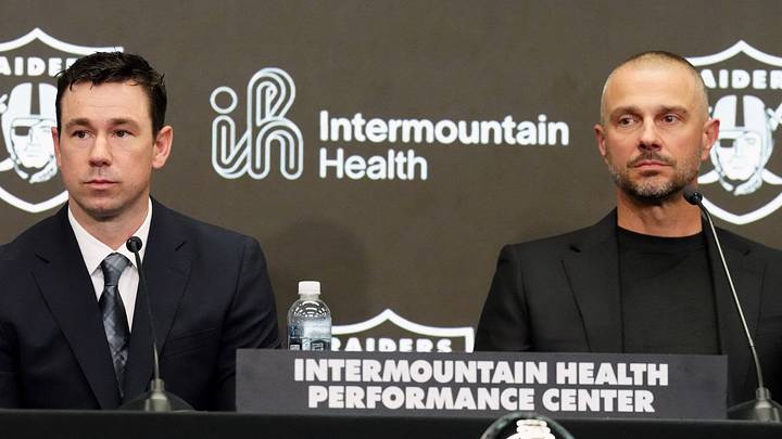 Feb 10, 2026; Henderson, NV, USA; Las Vegas Raiders coach Klint Kubiak (left) and general manager John Spytek at introductory press conference at Intermountain Health Performance Center. Mandatory Credit: Kirby Lee-Imagn Images Feb 10, 2026; Henderson, NV, USA; Las Vegas Raiders coach Klint Kubiak (left) and general manager John Spytek at introductory press conference at Intermountain Health Performance Center. Mandatory Credit: Kirby Lee-Imagn Images