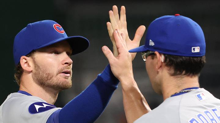 May 27, 2026; Pittsburgh, Pennsylvania, USA; Chicago Cubs left fielder Ian Happ (8) and relief pitcher Ethan Roberts (39) celebrate after defeating the Pittsburgh Pirates at PNC Park. Mandatory Credit: Charles LeClaire-Imagn Images May 27, 2026; Pittsburgh, Pennsylvania, USA; Chicago Cubs left fielder Ian Happ (8) and relief pitcher Ethan Roberts (39) celebrate after defeating the Pittsburgh Pirates at PNC Park. Mandatory Credit: Charles LeClaire-Imagn Images