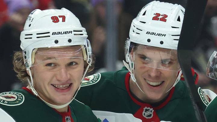Nov 21, 2025; Pittsburgh, Pennsylvania, USA; Minnesota Wild left wing Kirill Kaprizov (97) celebrates his goal with right wing Danila Yurov (22) and center Mats Zuccarello (36) against the Pittsburgh Penguins during the second period at PPG Paints Arena. Mandatory Credit: Charles LeClaire-Imagn Images