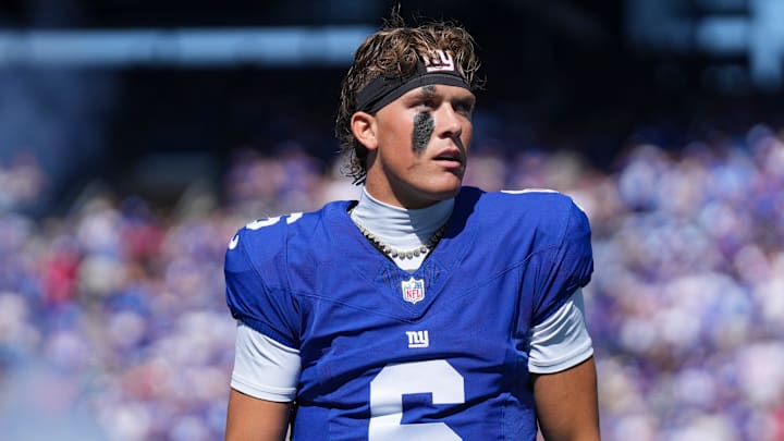 New York Giants quarterback Jaxson Dart (6) looks on before a game against the Los Angeles Chargers at MetLife Stadium, Sep 28, 2025, East Rutherford, NJ, USA.