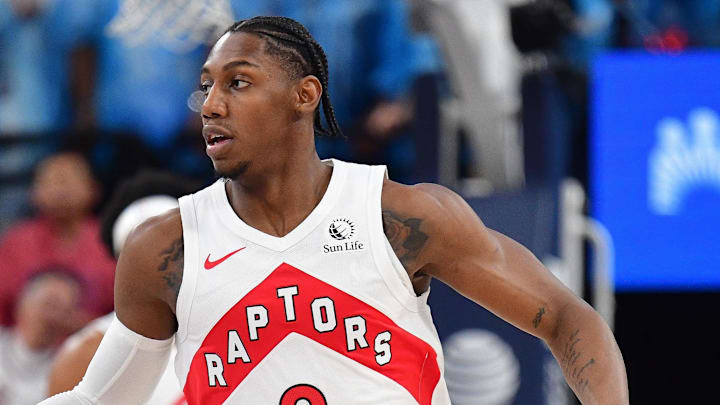 Mar 25, 2026; Inglewood, California, USA; Toronto Raptors forward RJ Barrett (9) moves the ball up court against the Los Angeles Clippers during the first half at Intuit Dome. Mandatory Credit: Gary A. Vasquez-Imagn Images
