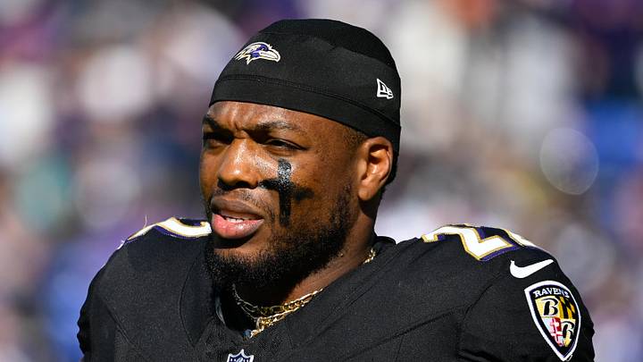 Oct 26, 2025; Baltimore, Maryland, USA; Baltimore Ravens running back Derrick Henry (22) looks on at halftime against the Chicago Bears at M&T Bank Stadium. Mandatory Credit: Tommy Gilligan-Imagn Images