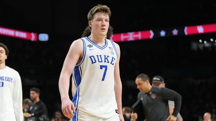 Apr 5, 2025; San Antonio, TX, USA; Duke Blue Devils guard Kon Knueppel (7) walks off the court after losing to the Houston Cougars in the semifinals of the men's Final Four of the 2025 NCAA Tournament at the Alamodome. Mandatory Credit: Robert Deutsch-Imagn Images Apr 5, 2025; San Antonio, TX, USA; Duke Blue Devils guard Kon Knueppel (7) walks off the court after losing to the Houston Cougars in the semifinals of the men's Final Four of the 2025 NCAA Tournament at the Alamodome. Mandatory Credit: Robert Deutsch-Imagn Images