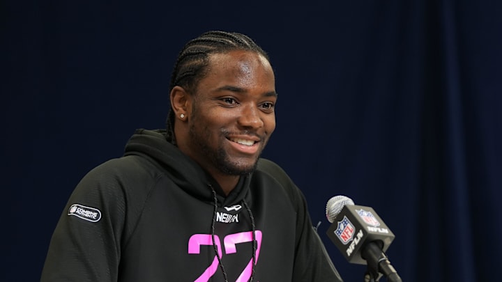 Notre Dame defensive back Benjamin Morrison speaks to the media at the 2025 NFL combine.