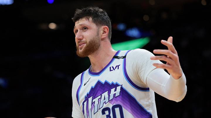Feb 9, 2026; Miami, Florida, USA; Utah Jazz center Jusuf Nurkic (30) reacts against the Miami Heat during the second quarter at Kaseya Center. Mandatory Credit: Sam Navarro-Imagn Images