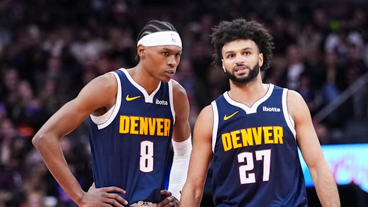 Dec 31, 2025; Toronto, Ontario, CAN; Denver Nuggets guard Jamal Murray (27) stands beside guard Peyton Watson (8) during the second half against the Toronto Raptors at Scotiabank Arena. Dec 31, 2025; Toronto, Ontario, CAN; Denver Nuggets guard Jamal Murray (27) stands beside guard Peyton Watson (8) during the second half against the Toronto Raptors at Scotiabank Arena.