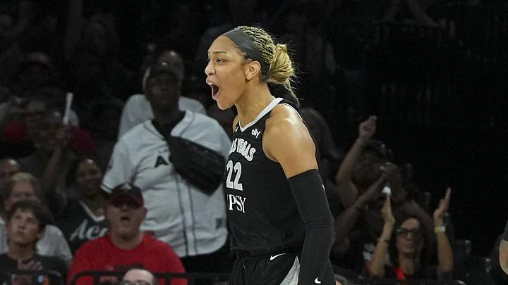 Jun 8, 2026; Las Vegas, Nevada, USA;  Las Vegas Aces center A'ja Wilson (22) reacts to a play against the Seattle Storm in the first quarter of their game at Michelob Ultra Arena. Mandatory Credit: Candice Ward-Imagn Images