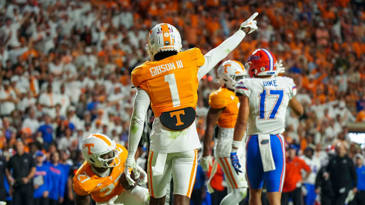 Tennessee Volunteers defensive back Rickey Gibson III reacts after a fumble by the Florida Gators.