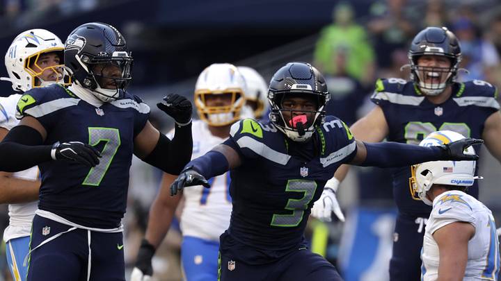 Oct 4, 2026; Seattle, Washington, USA; Seattle Seahawks safety Nick Emmanwori (3) celebrates after a play against the Los Angeles Chargers during the second half at Lumen Field. Oct 4, 2026; Seattle, Washington, USA; Seattle Seahawks safety Nick Emmanwori (3) celebrates after a play against the Los Angeles Chargers during the second half at Lumen Field.