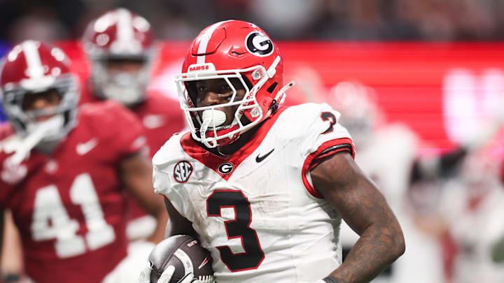 Dec 6, 2025; Atlanta, GA, USA; Georgia Bulldogs running back Nate Frazier (3) rushes for a touchdown during the third quarter against the Alabama Crimson Tide during the 2025 SEC Championship game at Mercedes-Benz Stadium. Mandatory Credit: Brett Davis-Imagn Images Dec 6, 2025; Atlanta, GA, USA; Georgia Bulldogs running back Nate Frazier (3) rushes for a touchdown during the third quarter against the Alabama Crimson Tide during the 2025 SEC Championship game at Mercedes-Benz Stadium. Mandatory Credit: Brett Davis-Imagn Images