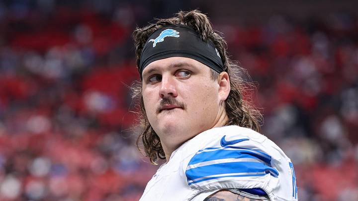 Aug 8, 2025; Atlanta, Georgia, USA; Detroit Lions guard Tate Ratledge (69) after an injury to safety Morice Norris (not pictured) against the Atlanta Falcons in the fourth quarter at Mercedes-Benz Stadium. Mandatory Credit: Brett Davis-Imagn Images